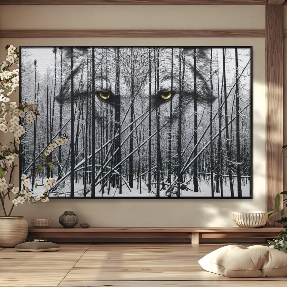 Leinwand Wandkunst Leinwand Wandkunst Premium, LuxCanva® M1458, Waldschatten Wächter, Augen, Blick, Wächter, beobachten, beobachten, Wolf, Wald, Schnee, Winter, Bäume, Wildnis, Natur, Büro, Wohnen, Kinderzimmer