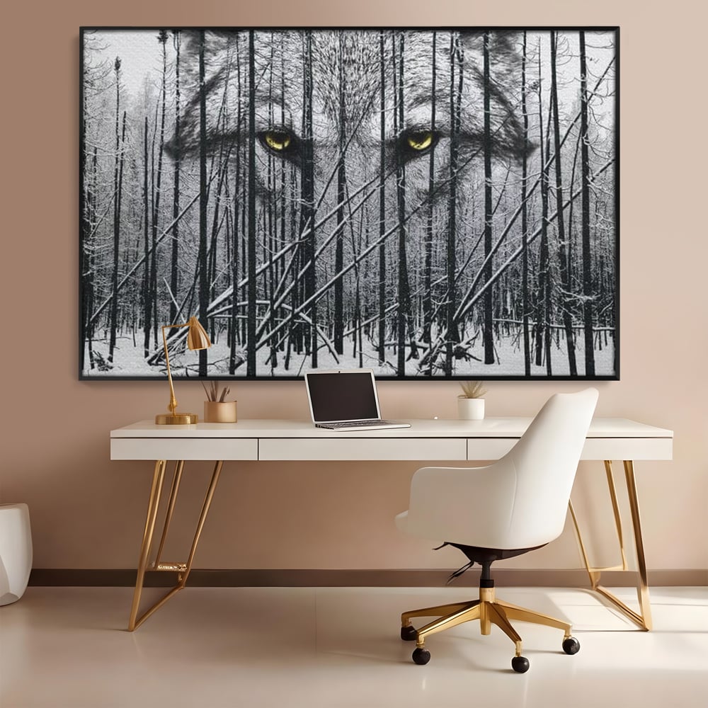 Leinwand Wandkunst Leinwand Wandkunst Premium, LuxCanva® M1458, Waldschatten Wächter, Augen, Blick, Wächter, beobachten, beobachten, Wolf, Wald, Schnee, Winter, Bäume, Wildnis, Natur, Büro, Wohnen, Kinderzimmer