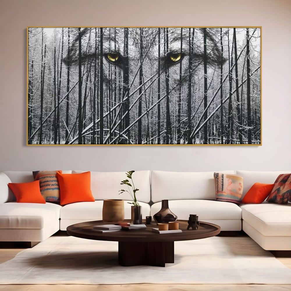 Leinwand Wandkunst Leinwand Wandkunst Premium, LuxCanva® M1458, Waldschatten Wächter, Augen, Blick, Wächter, beobachten, beobachten, Wolf, Wald, Schnee, Winter, Bäume, Wildnis, Natur, Büro, Wohnen, Kinderzimmer
