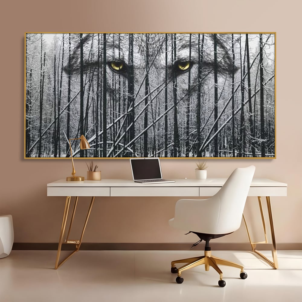 Leinwand Wandkunst Leinwand Wandkunst Premium, LuxCanva® M1458, Waldschatten Wächter, Augen, Blick, Wächter, beobachten, beobachten, Wolf, Wald, Schnee, Winter, Bäume, Wildnis, Natur, Büro, Wohnen, Kinderzimmer
