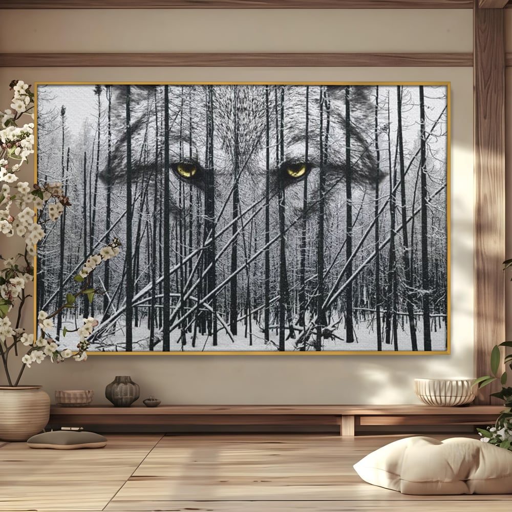 Leinwand Wandkunst Leinwand Wandkunst Premium, LuxCanva® M1458, Waldschatten Wächter, Augen, Blick, Wächter, beobachten, beobachten, Wolf, Wald, Schnee, Winter, Bäume, Wildnis, Natur, Büro, Wohnen, Kinderzimmer