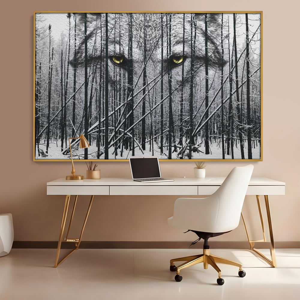 Leinwand Wandkunst Leinwand Wandkunst Premium, LuxCanva® M1458, Waldschatten Wächter, Augen, Blick, Wächter, beobachten, beobachten, Wolf, Wald, Schnee, Winter, Bäume, Wildnis, Natur, Büro, Wohnen, Kinderzimmer