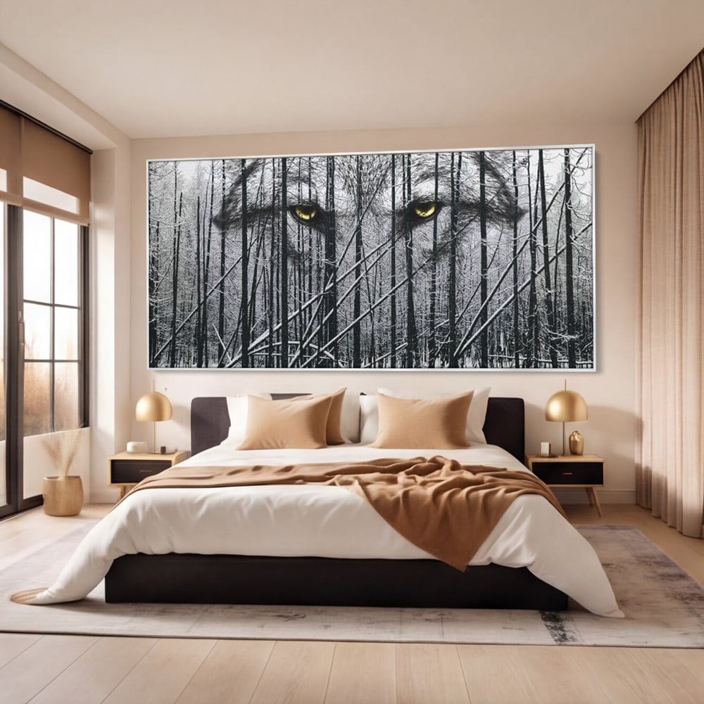 Leinwand Wandkunst Leinwand Wandkunst Premium, LuxCanva® M1458, Waldschatten Wächter, Augen, Blick, Wächter, beobachten, beobachten, Wolf, Wald, Schnee, Winter, Bäume, Wildnis, Natur, Büro, Wohnen, Kinderzimmer