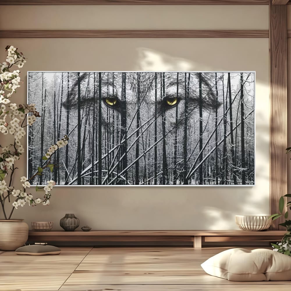 Leinwand Wandkunst Leinwand Wandkunst Premium, LuxCanva® M1458, Waldschatten Wächter, Augen, Blick, Wächter, beobachten, beobachten, Wolf, Wald, Schnee, Winter, Bäume, Wildnis, Natur, Büro, Wohnen, Kinderzimmer
