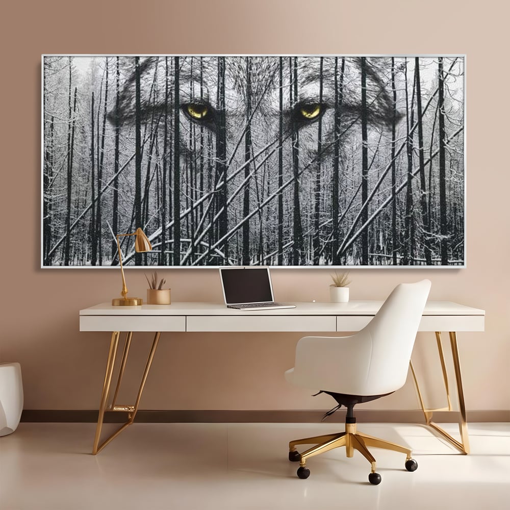 Leinwand Wandkunst Leinwand Wandkunst Premium, LuxCanva® M1458, Waldschatten Wächter, Augen, Blick, Wächter, beobachten, beobachten, Wolf, Wald, Schnee, Winter, Bäume, Wildnis, Natur, Büro, Wohnen, Kinderzimmer