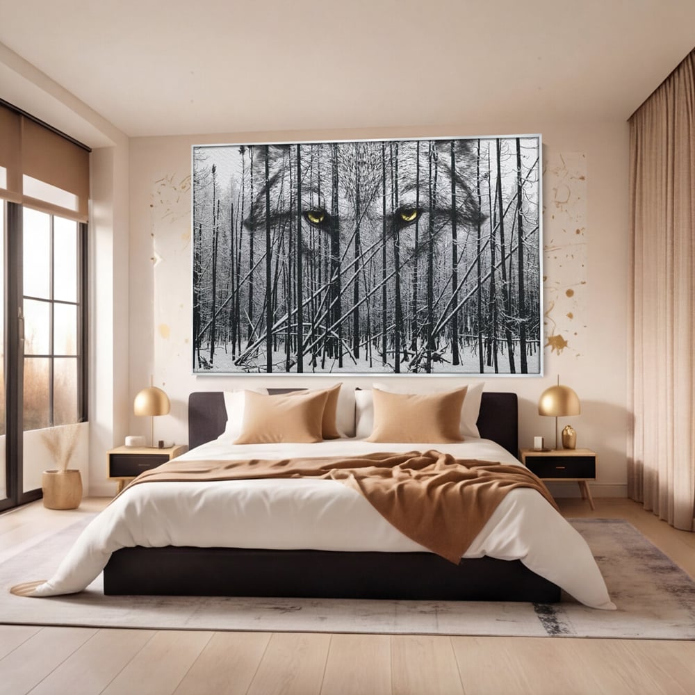 Leinwand Wandkunst Leinwand Wandkunst Premium, LuxCanva® M1458, Waldschatten Wächter, Augen, Blick, Wächter, beobachten, beobachten, Wolf, Wald, Schnee, Winter, Bäume, Wildnis, Natur, Büro, Wohnen, Kinderzimmer