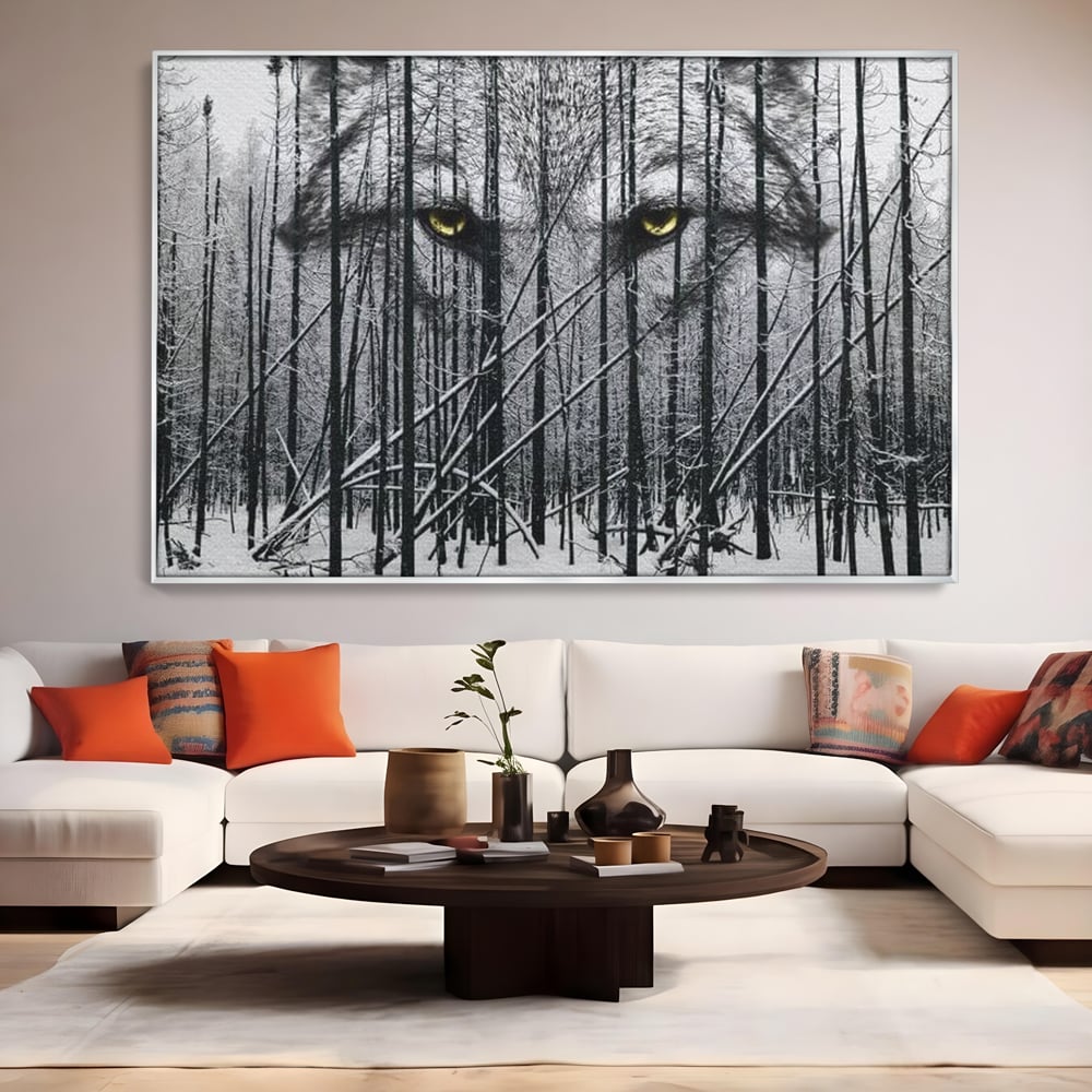 Leinwand Wandkunst Leinwand Wandkunst Premium, LuxCanva® M1458, Waldschatten Wächter, Augen, Blick, Wächter, beobachten, beobachten, Wolf, Wald, Schnee, Winter, Bäume, Wildnis, Natur, Büro, Wohnen, Kinderzimmer