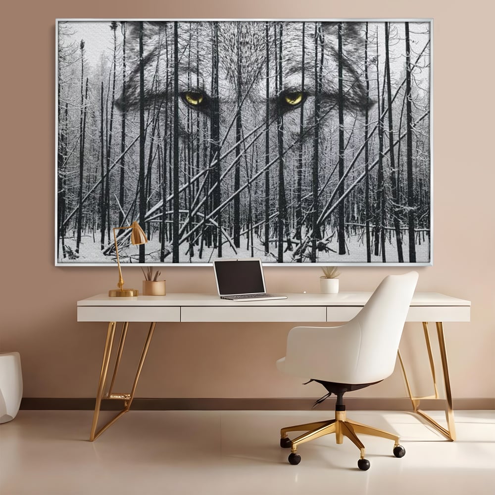 Leinwand Wandkunst Leinwand Wandkunst Premium, LuxCanva® M1458, Waldschatten Wächter, Augen, Blick, Wächter, beobachten, beobachten, Wolf, Wald, Schnee, Winter, Bäume, Wildnis, Natur, Büro, Wohnen, Kinderzimmer