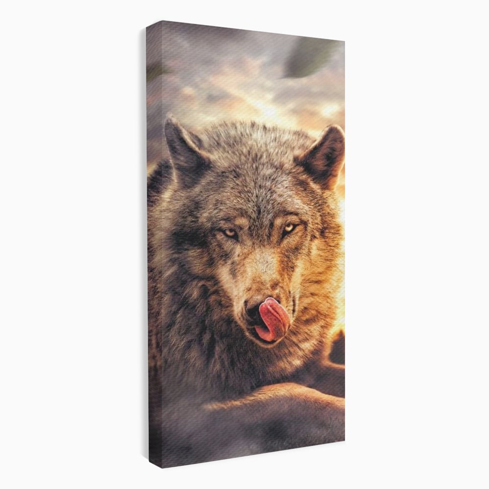 Leinwand Wandkunst Canvas Premium, LuxCanva® M1459, Überlebensinstinkt, Wolf, Wild, Tier, Flämisch, Jagd, Beute, Sehnsucht, Sonnenuntergang, Natur, Porträt, Büro, Wohnen, Kinderzimmer