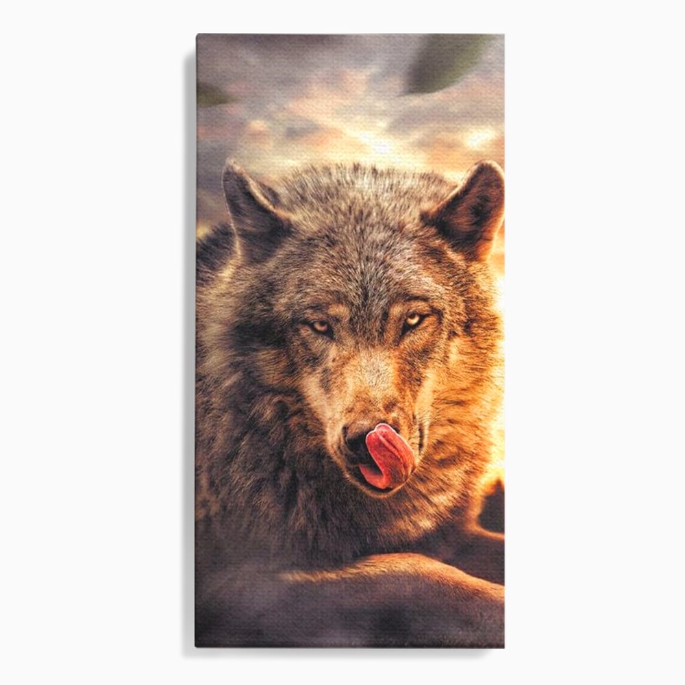 Leinwand Wandkunst Canvas Premium, LuxCanva® M1459, Überlebensinstinkt, Wolf, Wild, Tier, Flämisch, Jagd, Beute, Sehnsucht, Sonnenuntergang, Natur, Porträt, Büro, Wohnen, Kinderzimmer