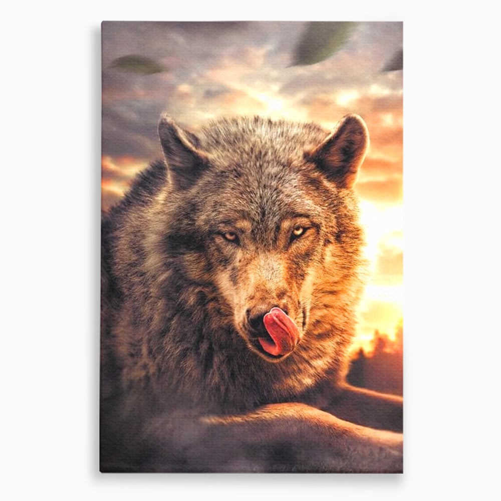 Leinwand Wandkunst Canvas Premium, LuxCanva® M1459, Überlebensinstinkt, Wolf, Wild, Tier, Flämisch, Jagd, Beute, Sehnsucht, Sonnenuntergang, Natur, Porträt, Büro, Wohnen, Kinderzimmer