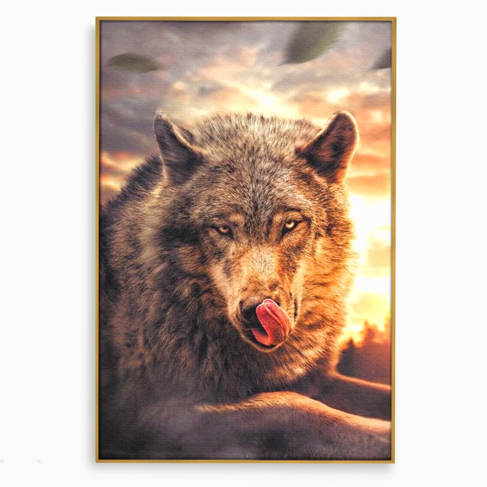 Leinwand Wandkunst Canvas Premium, LuxCanva® M1459, Überlebensinstinkt, Wolf, Wild, Tier, Flämisch, Jagd, Beute, Sehnsucht, Sonnenuntergang, Natur, Porträt, Büro, Wohnen, Kinderzimmer