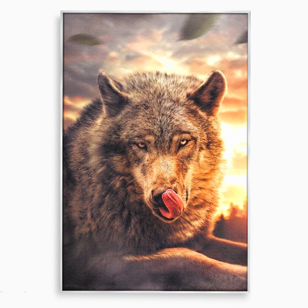 Leinwand Wandkunst Canvas Premium, LuxCanva® M1459, Überlebensinstinkt, Wolf, Wild, Tier, Flämisch, Jagd, Beute, Sehnsucht, Sonnenuntergang, Natur, Porträt, Büro, Wohnen, Kinderzimmer