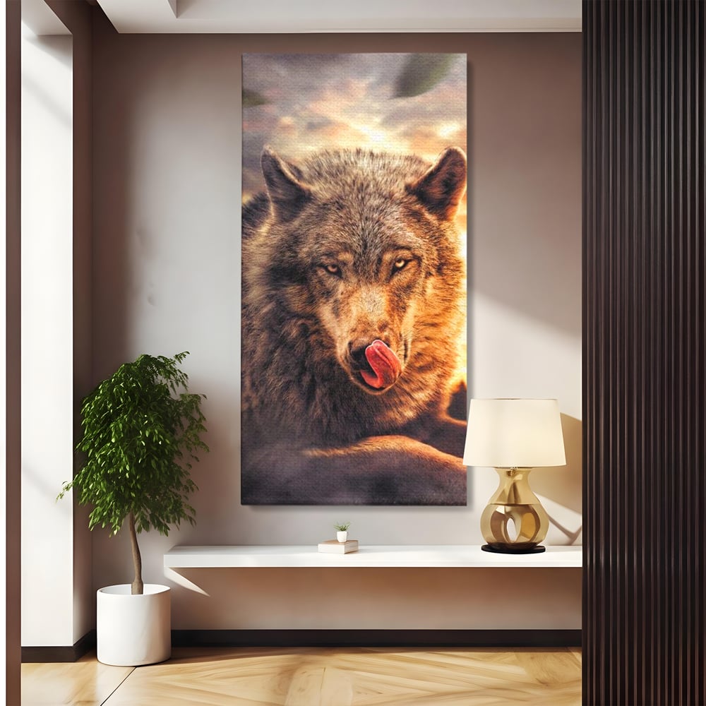 Leinwand Wandkunst Canvas Premium, LuxCanva® M1459, Überlebensinstinkt, Wolf, Wild, Tier, Flämisch, Jagd, Beute, Sehnsucht, Sonnenuntergang, Natur, Porträt, Büro, Wohnen, Kinderzimmer