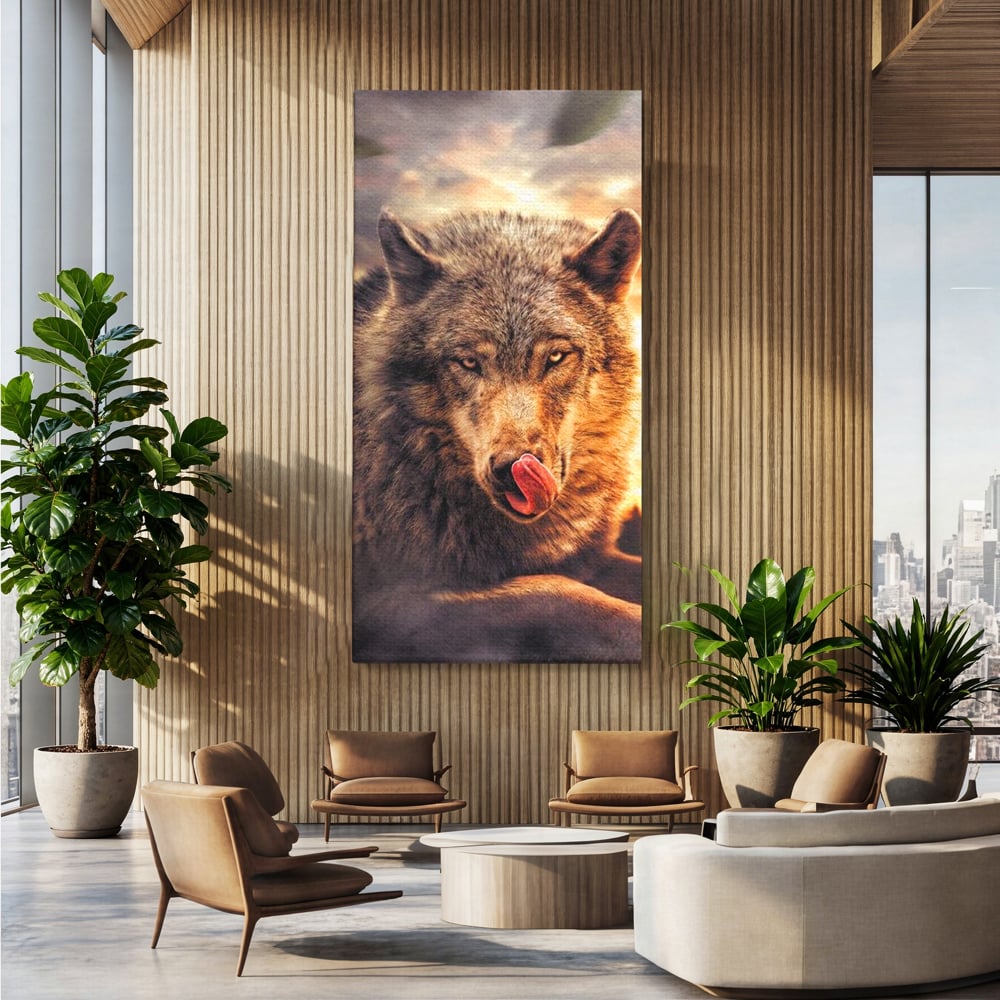 Leinwand Wandkunst Canvas Premium, LuxCanva® M1459, Überlebensinstinkt, Wolf, Wild, Tier, Flämisch, Jagd, Beute, Sehnsucht, Sonnenuntergang, Natur, Porträt, Büro, Wohnen, Kinderzimmer