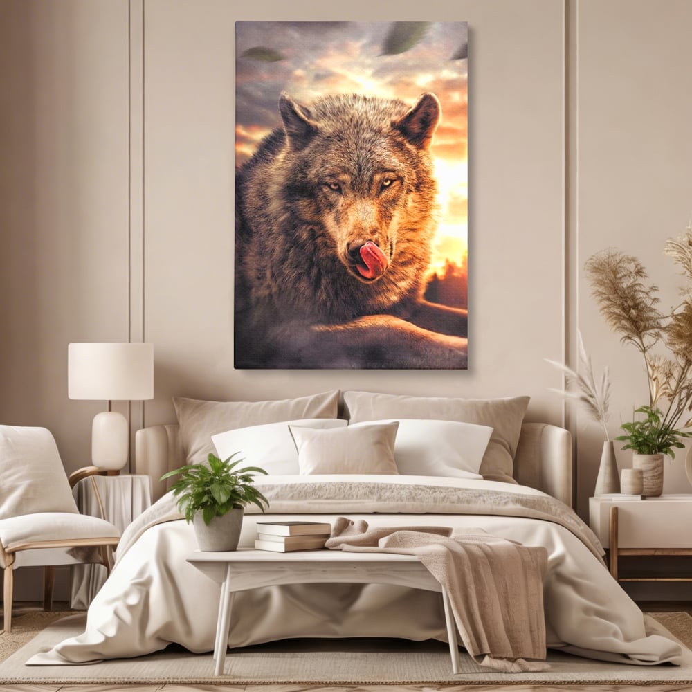 Leinwand Wandkunst Canvas Premium, LuxCanva® M1459, Überlebensinstinkt, Wolf, Wild, Tier, Flämisch, Jagd, Beute, Sehnsucht, Sonnenuntergang, Natur, Porträt, Büro, Wohnen, Kinderzimmer