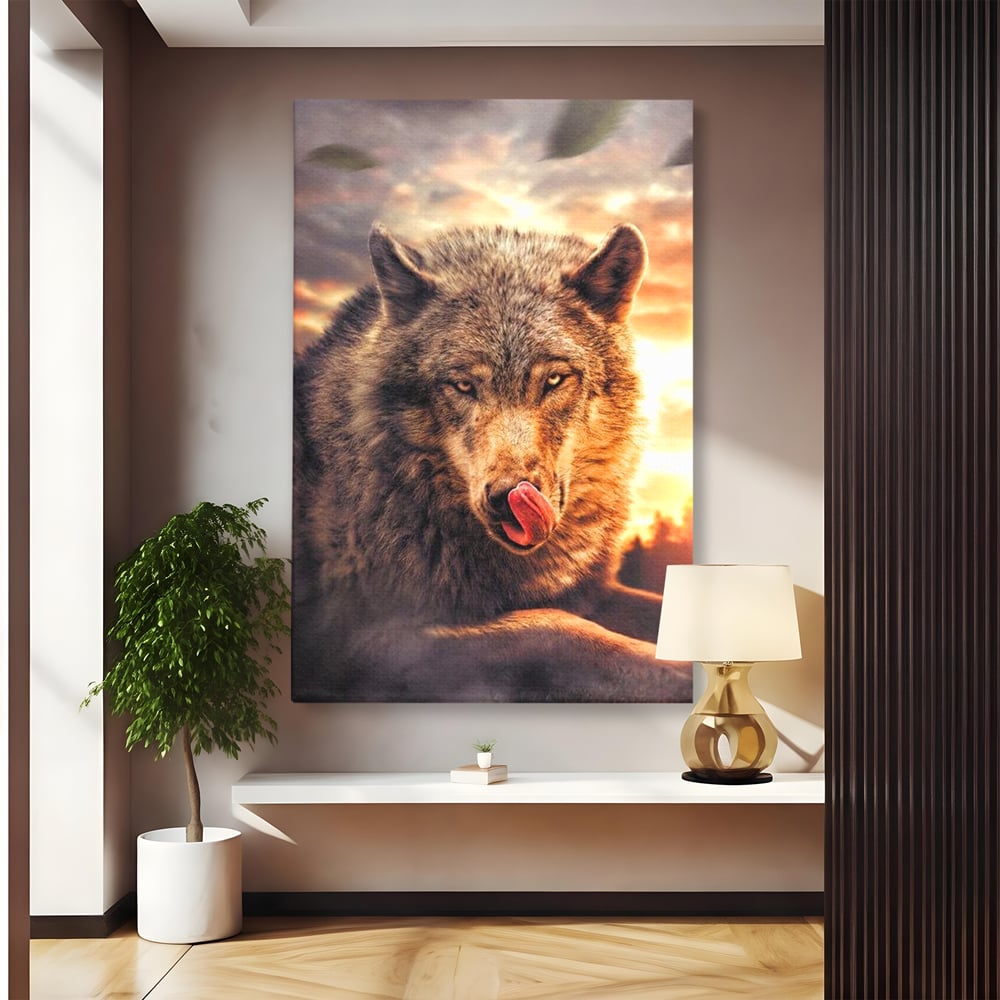 Leinwand Wandkunst Canvas Premium, LuxCanva® M1459, Überlebensinstinkt, Wolf, Wild, Tier, Flämisch, Jagd, Beute, Sehnsucht, Sonnenuntergang, Natur, Porträt, Büro, Wohnen, Kinderzimmer