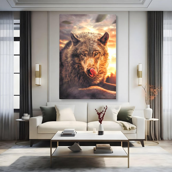 Leinwand Wandkunst Canvas Premium, LuxCanva® M1459, Überlebensinstinkt, Wolf, Wild, Tier, Flämisch, Jagd, Beute, Sehnsucht, Sonnenuntergang, Natur, Porträt, Büro, Wohnen, Kinderzimmer