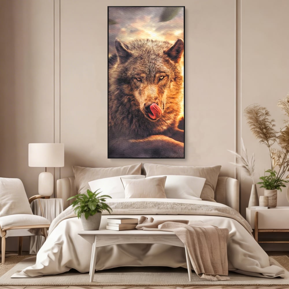 Leinwand Wandkunst Canvas Premium, LuxCanva® M1459, Überlebensinstinkt, Wolf, Wild, Tier, Flämisch, Jagd, Beute, Sehnsucht, Sonnenuntergang, Natur, Porträt, Büro, Wohnen, Kinderzimmer