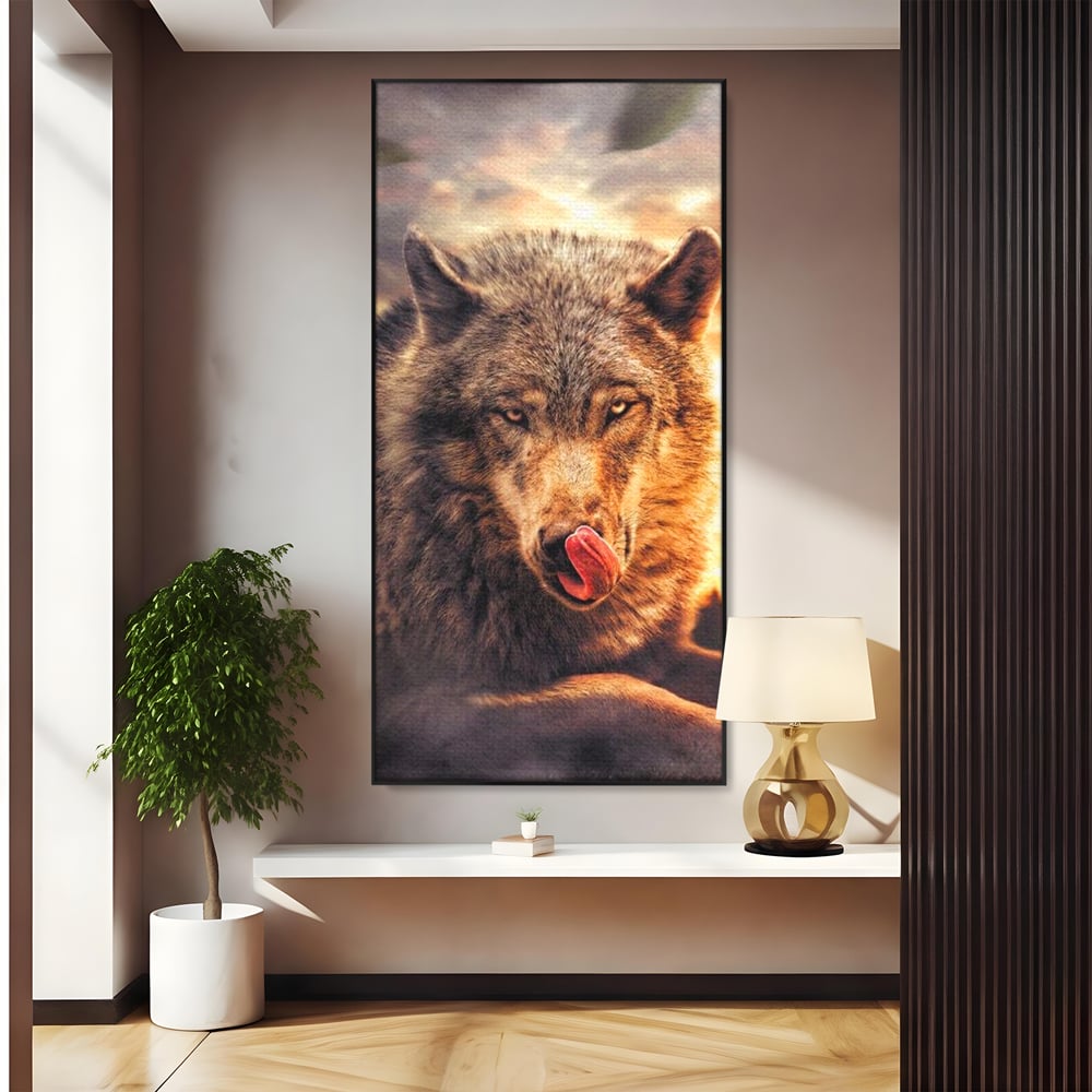 Leinwand Wandkunst Canvas Premium, LuxCanva® M1459, Überlebensinstinkt, Wolf, Wild, Tier, Flämisch, Jagd, Beute, Sehnsucht, Sonnenuntergang, Natur, Porträt, Büro, Wohnen, Kinderzimmer