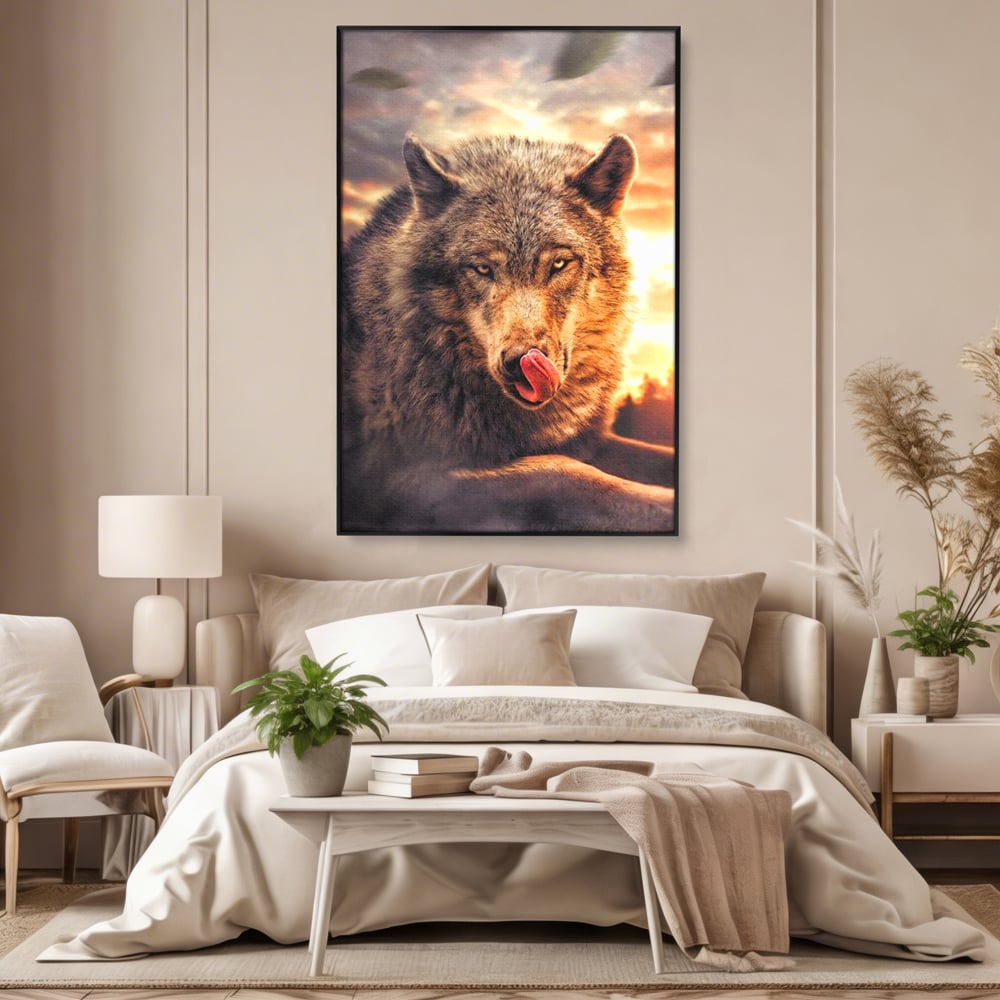 Leinwand Wandkunst Canvas Premium, LuxCanva® M1459, Überlebensinstinkt, Wolf, Wild, Tier, Flämisch, Jagd, Beute, Sehnsucht, Sonnenuntergang, Natur, Porträt, Büro, Wohnen, Kinderzimmer