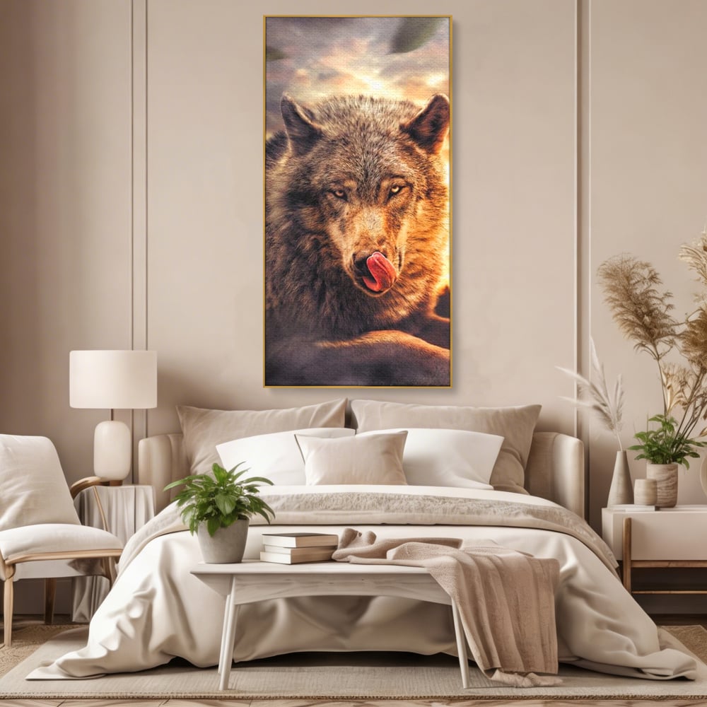 Leinwand Wandkunst Canvas Premium, LuxCanva® M1459, Überlebensinstinkt, Wolf, Wild, Tier, Flämisch, Jagd, Beute, Sehnsucht, Sonnenuntergang, Natur, Porträt, Büro, Wohnen, Kinderzimmer