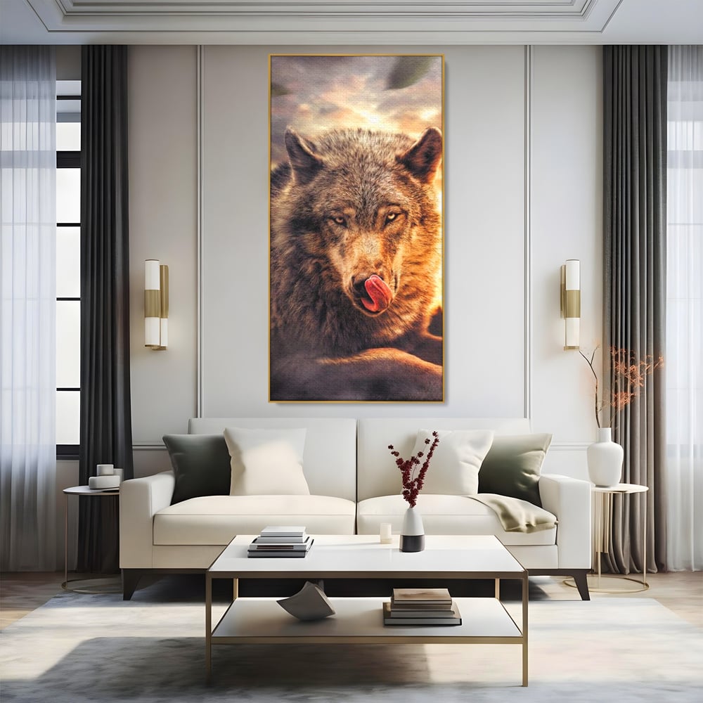 Leinwand Wandkunst Canvas Premium, LuxCanva® M1459, Überlebensinstinkt, Wolf, Wild, Tier, Flämisch, Jagd, Beute, Sehnsucht, Sonnenuntergang, Natur, Porträt, Büro, Wohnen, Kinderzimmer