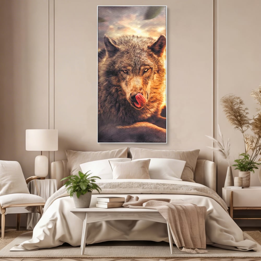 Leinwand Wandkunst Canvas Premium, LuxCanva® M1459, Überlebensinstinkt, Wolf, Wild, Tier, Flämisch, Jagd, Beute, Sehnsucht, Sonnenuntergang, Natur, Porträt, Büro, Wohnen, Kinderzimmer