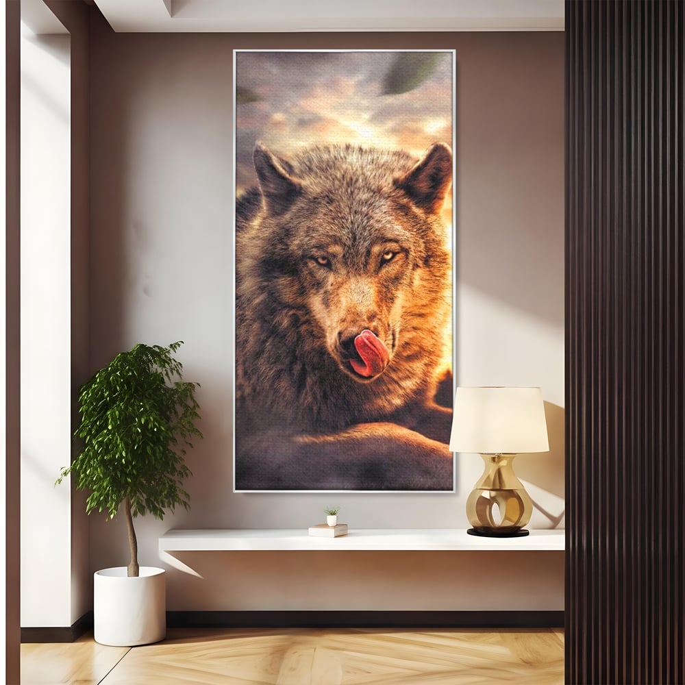 Leinwand Wandkunst Canvas Premium, LuxCanva® M1459, Überlebensinstinkt, Wolf, Wild, Tier, Flämisch, Jagd, Beute, Sehnsucht, Sonnenuntergang, Natur, Porträt, Büro, Wohnen, Kinderzimmer