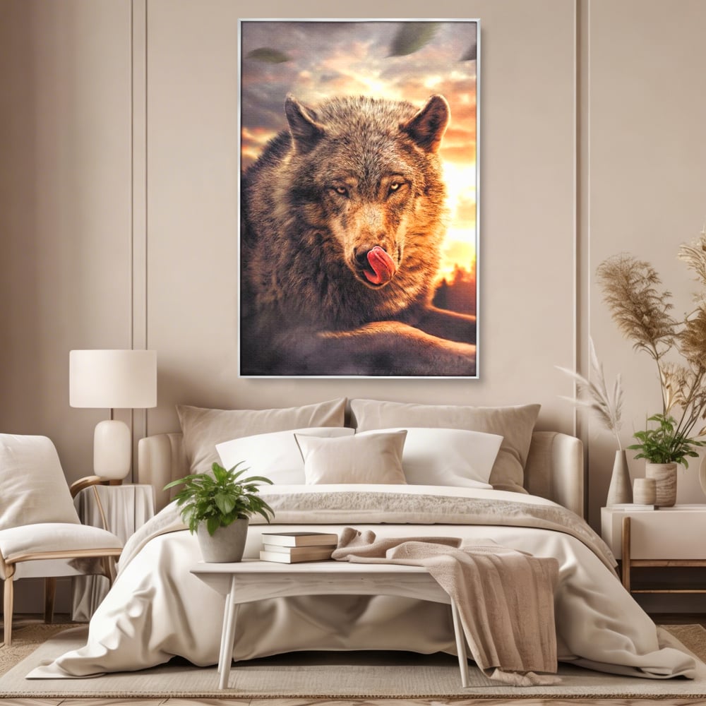 Leinwand Wandkunst Canvas Premium, LuxCanva® M1459, Überlebensinstinkt, Wolf, Wild, Tier, Flämisch, Jagd, Beute, Sehnsucht, Sonnenuntergang, Natur, Porträt, Büro, Wohnen, Kinderzimmer