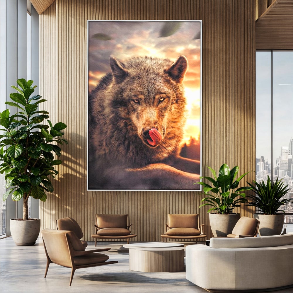 Leinwand Wandkunst Canvas Premium, LuxCanva® M1459, Überlebensinstinkt, Wolf, Wild, Tier, Flämisch, Jagd, Beute, Sehnsucht, Sonnenuntergang, Natur, Porträt, Büro, Wohnen, Kinderzimmer