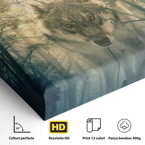 Leinwand Wandkunst Canvas Wall Art Premium, LuxCanva® M1460, Der Wolf in der Geschichte, Auto, Straße, Mann, Wolf, Riese, Alpha, Flut, Gezeiten, Ellenbogen, Wald, Allianz, Reise, Büro, Wohnen, Kinderzimmer