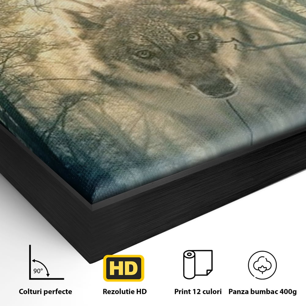 Leinwand Wandkunst Canvas Wall Art Premium, LuxCanva® M1460, Der Wolf in der Geschichte, Auto, Straße, Mann, Wolf, Riese, Alpha, Flut, Gezeiten, Ellenbogen, Wald, Allianz, Reise, Büro, Wohnen, Kinderzimmer