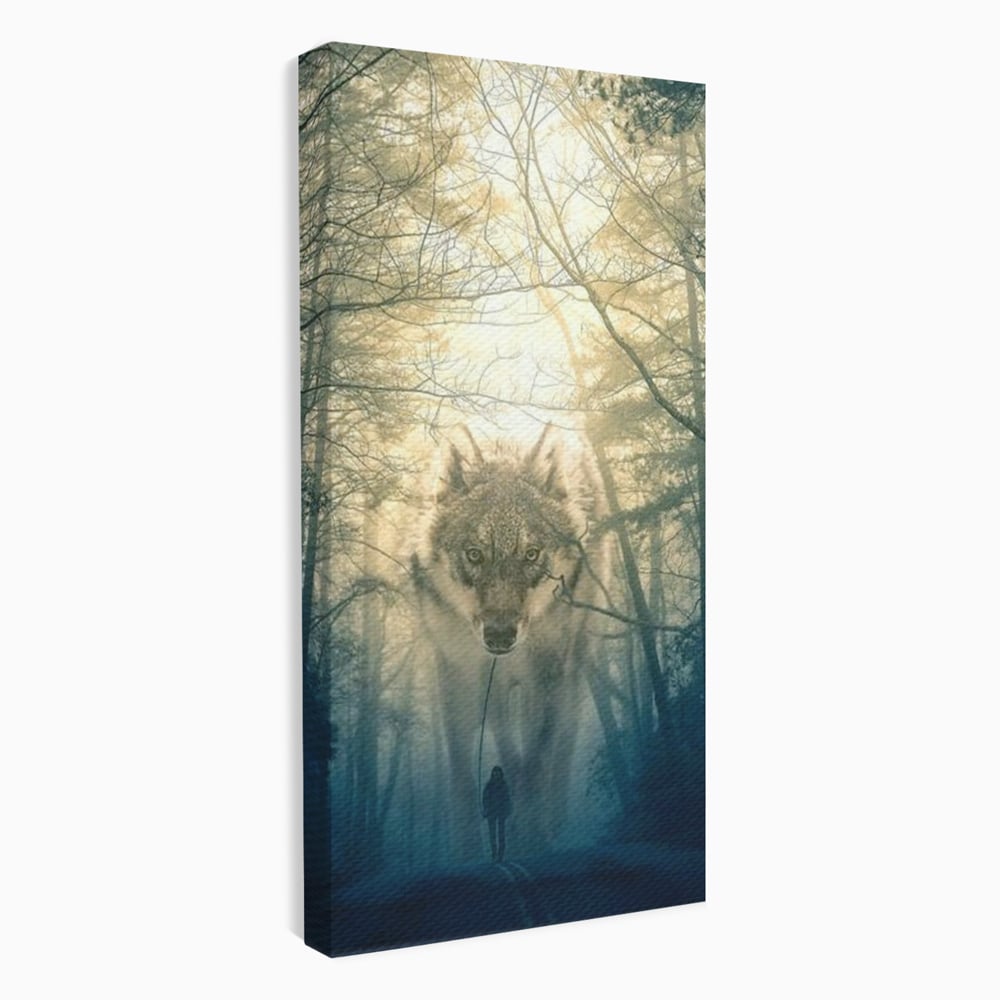 Leinwand Wandkunst Canvas Wall Art Premium, LuxCanva® M1460, Der Wolf in der Geschichte, Auto, Straße, Mann, Wolf, Riese, Alpha, Flut, Gezeiten, Ellenbogen, Wald, Allianz, Reise, Büro, Wohnen, Kinderzimmer