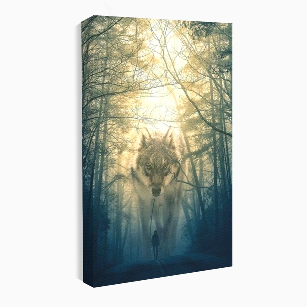Leinwand Wandkunst Canvas Wall Art Premium, LuxCanva® M1460, Der Wolf in der Geschichte, Auto, Straße, Mann, Wolf, Riese, Alpha, Flut, Gezeiten, Ellenbogen, Wald, Allianz, Reise, Büro, Wohnen, Kinderzimmer