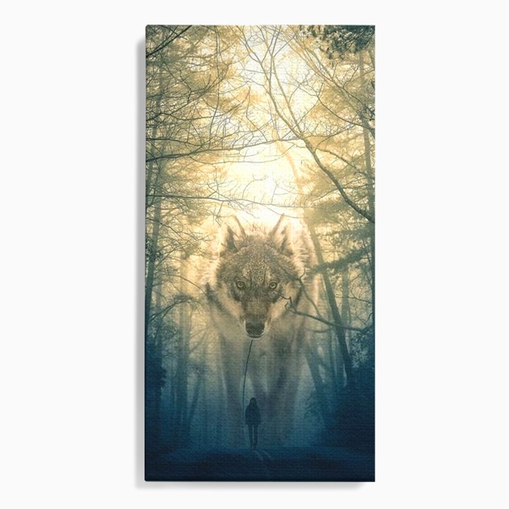 Leinwand Wandkunst Canvas Wall Art Premium, LuxCanva® M1460, Der Wolf in der Geschichte, Auto, Straße, Mann, Wolf, Riese, Alpha, Flut, Gezeiten, Ellenbogen, Wald, Allianz, Reise, Büro, Wohnen, Kinderzimmer
