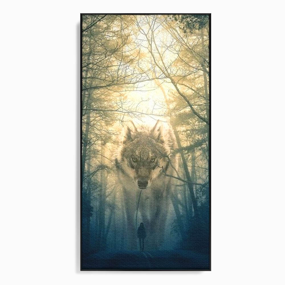 Leinwand Wandkunst Canvas Wall Art Premium, LuxCanva® M1460, Der Wolf in der Geschichte, Auto, Straße, Mann, Wolf, Riese, Alpha, Flut, Gezeiten, Ellenbogen, Wald, Allianz, Reise, Büro, Wohnen, Kinderzimmer