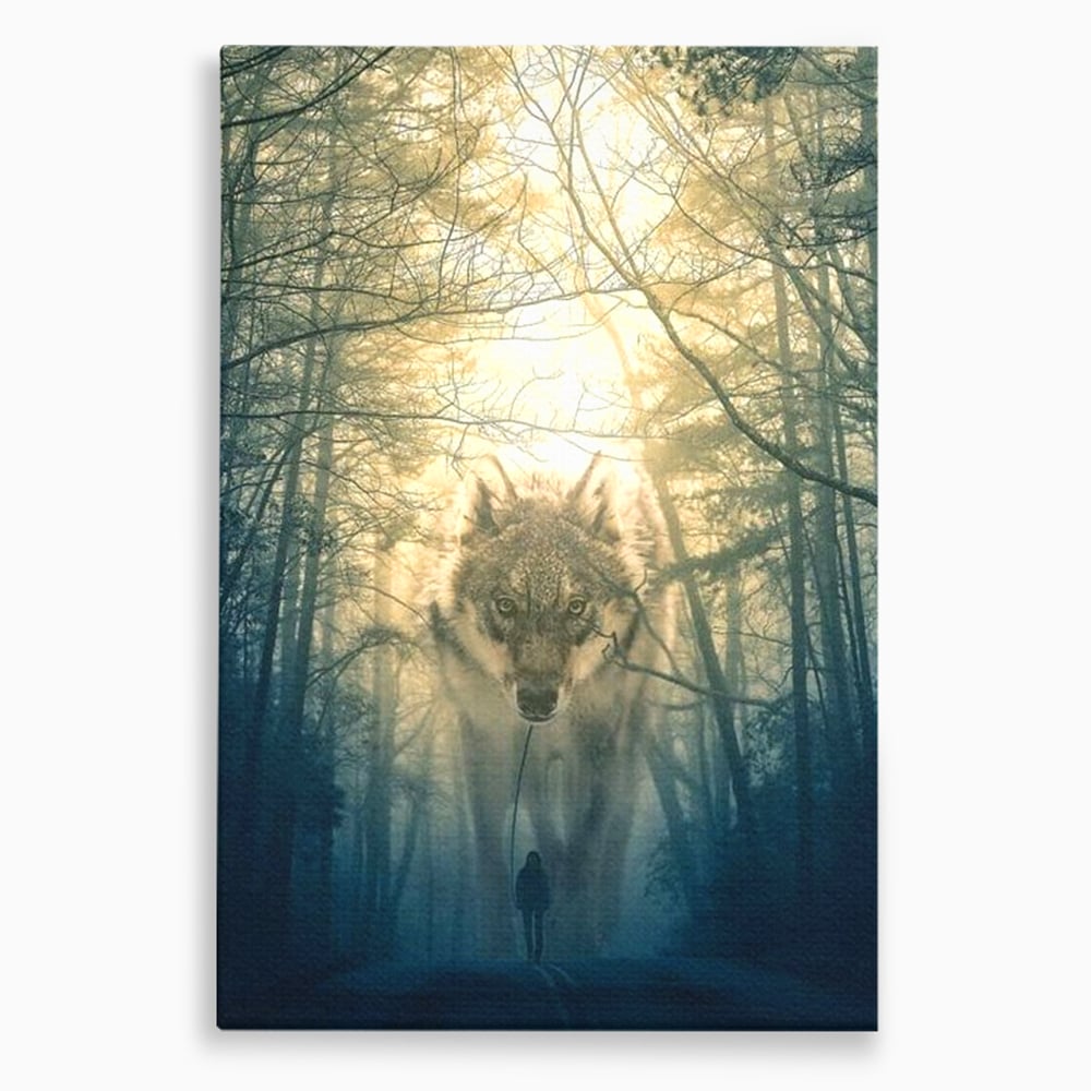 Leinwand Wandkunst Canvas Wall Art Premium, LuxCanva® M1460, Der Wolf in der Geschichte, Auto, Straße, Mann, Wolf, Riese, Alpha, Flut, Gezeiten, Ellenbogen, Wald, Allianz, Reise, Büro, Wohnen, Kinderzimmer