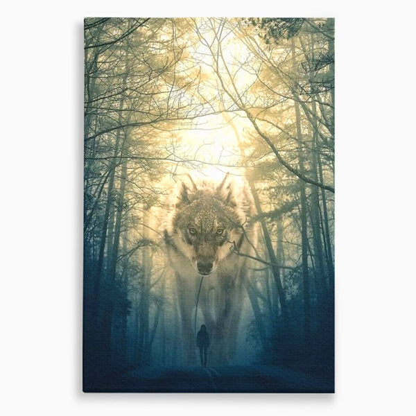 Leinwand Wandkunst Canvas Wall Art Premium, LuxCanva® M1460, Der Wolf in der Geschichte, Auto, Straße, Mann, Wolf, Riese, Alpha, Flut, Gezeiten, Ellenbogen, Wald, Allianz, Reise, Büro, Wohnen, Kinderzimmer