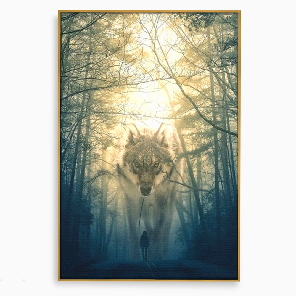 Leinwand Wandkunst Canvas Wall Art Premium, LuxCanva® M1460, Der Wolf in der Geschichte, Auto, Straße, Mann, Wolf, Riese, Alpha, Flut, Gezeiten, Ellenbogen, Wald, Allianz, Reise, Büro, Wohnen, Kinderzimmer