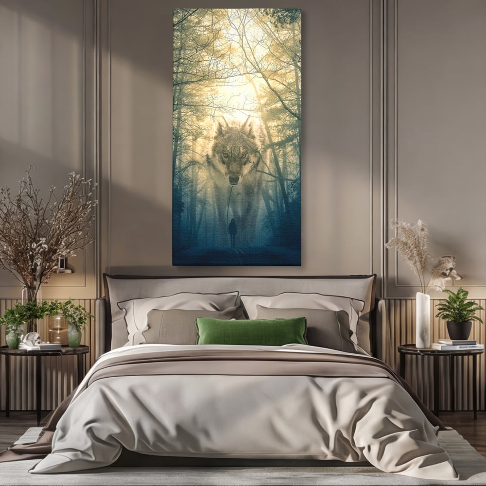 Leinwand Wandkunst Canvas Wall Art Premium, LuxCanva® M1460, Der Wolf in der Geschichte, Auto, Straße, Mann, Wolf, Riese, Alpha, Flut, Gezeiten, Ellenbogen, Wald, Allianz, Reise, Büro, Wohnen, Kinderzimmer