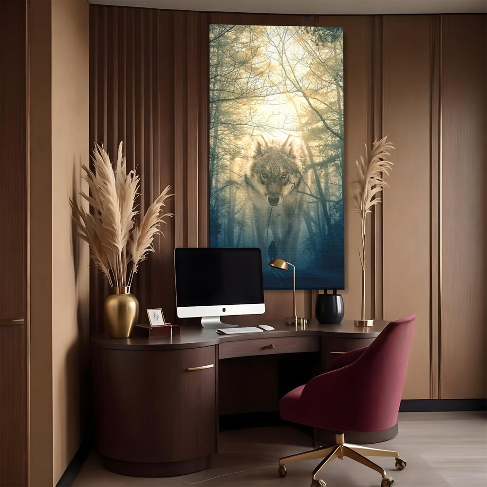 Leinwand Wandkunst Canvas Wall Art Premium, LuxCanva® M1460, Der Wolf in der Geschichte, Auto, Straße, Mann, Wolf, Riese, Alpha, Flut, Gezeiten, Ellenbogen, Wald, Allianz, Reise, Büro, Wohnen, Kinderzimmer