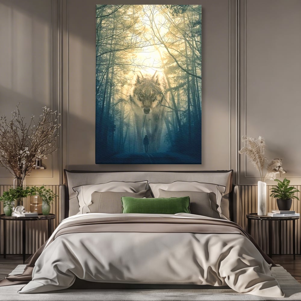 Leinwand Wandkunst Canvas Wall Art Premium, LuxCanva® M1460, Der Wolf in der Geschichte, Auto, Straße, Mann, Wolf, Riese, Alpha, Flut, Gezeiten, Ellenbogen, Wald, Allianz, Reise, Büro, Wohnen, Kinderzimmer