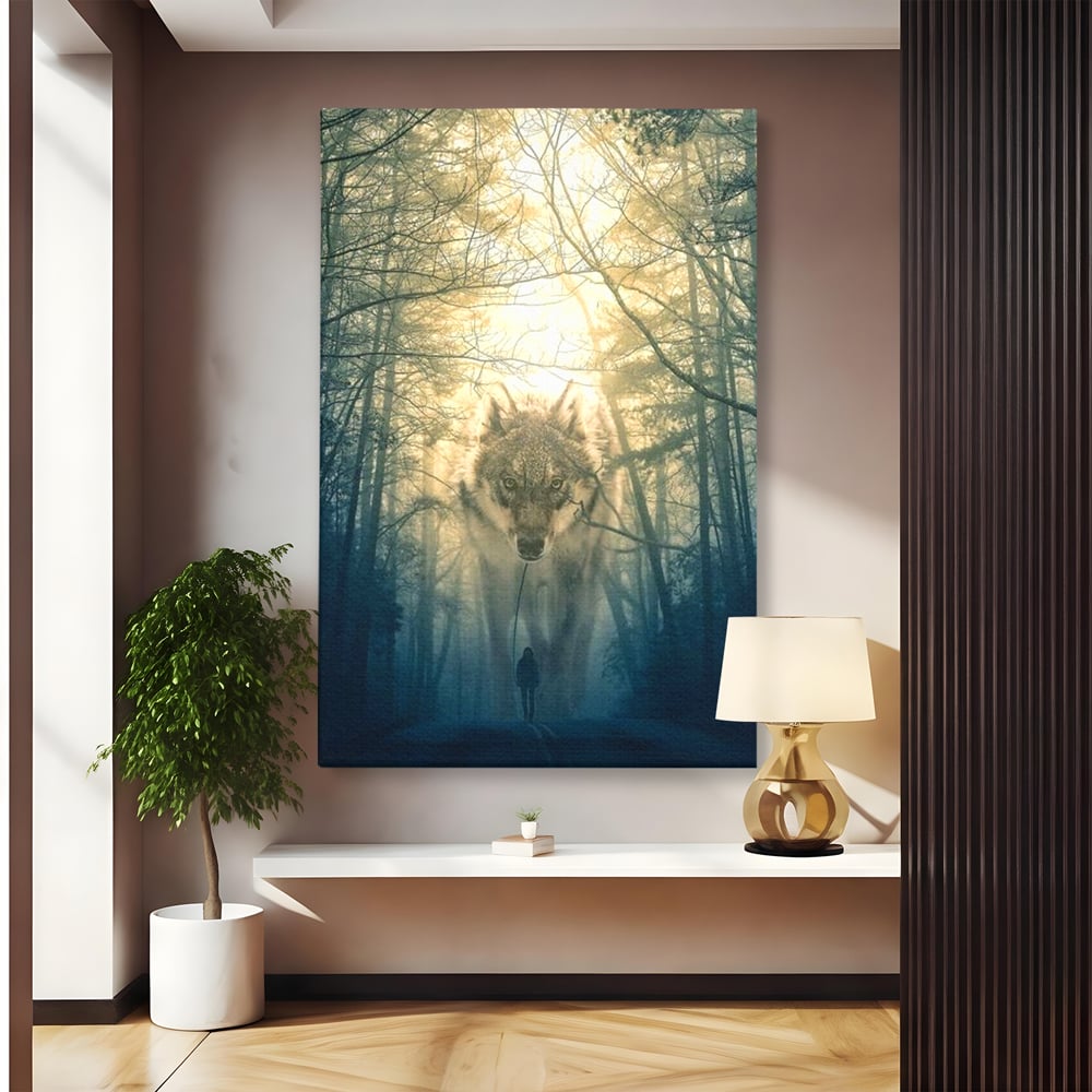 Leinwand Wandkunst Canvas Wall Art Premium, LuxCanva® M1460, Der Wolf in der Geschichte, Auto, Straße, Mann, Wolf, Riese, Alpha, Flut, Gezeiten, Ellenbogen, Wald, Allianz, Reise, Büro, Wohnen, Kinderzimmer