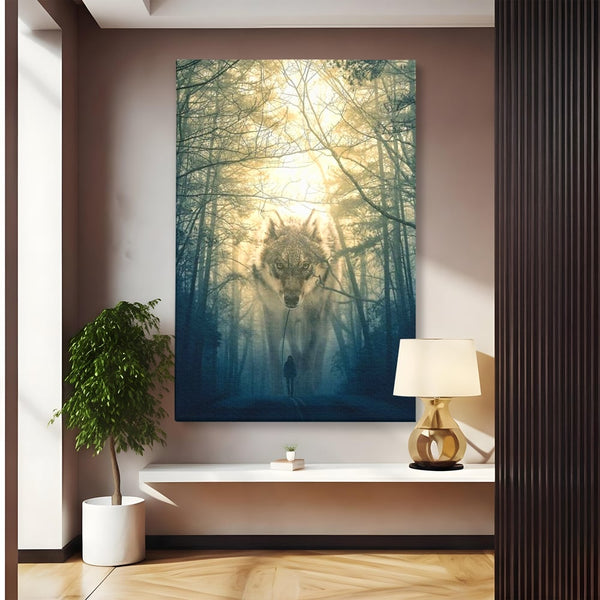 Leinwand Wandkunst Canvas Wall Art Premium, LuxCanva® M1460, Der Wolf in der Geschichte, Auto, Straße, Mann, Wolf, Riese, Alpha, Flut, Gezeiten, Ellenbogen, Wald, Allianz, Reise, Büro, Wohnen, Kinderzimmer