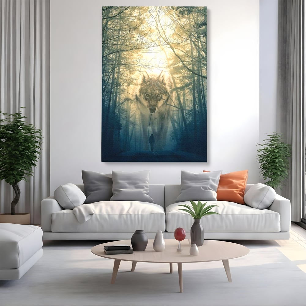 Leinwand Wandkunst Canvas Wall Art Premium, LuxCanva® M1460, Der Wolf in der Geschichte, Auto, Straße, Mann, Wolf, Riese, Alpha, Flut, Gezeiten, Ellenbogen, Wald, Allianz, Reise, Büro, Wohnen, Kinderzimmer