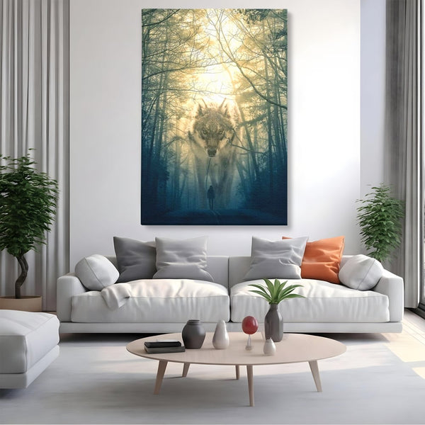 Leinwand Wandkunst Canvas Wall Art Premium, LuxCanva® M1460, Der Wolf in der Geschichte, Auto, Straße, Mann, Wolf, Riese, Alpha, Flut, Gezeiten, Ellenbogen, Wald, Allianz, Reise, Büro, Wohnen, Kinderzimmer