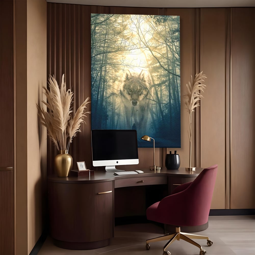 Leinwand Wandkunst Canvas Wall Art Premium, LuxCanva® M1460, Der Wolf in der Geschichte, Auto, Straße, Mann, Wolf, Riese, Alpha, Flut, Gezeiten, Ellenbogen, Wald, Allianz, Reise, Büro, Wohnen, Kinderzimmer