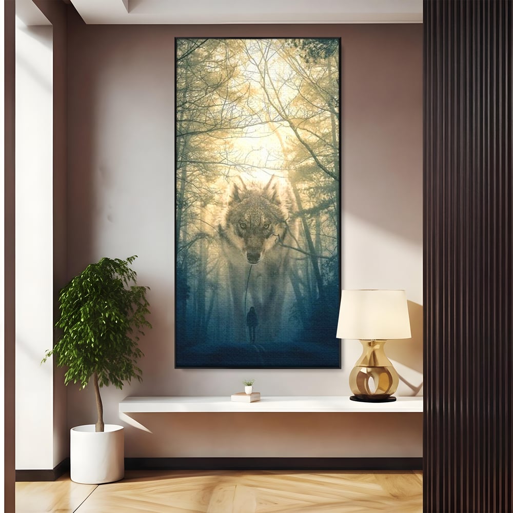 Leinwand Wandkunst Canvas Wall Art Premium, LuxCanva® M1460, Der Wolf in der Geschichte, Auto, Straße, Mann, Wolf, Riese, Alpha, Flut, Gezeiten, Ellenbogen, Wald, Allianz, Reise, Büro, Wohnen, Kinderzimmer