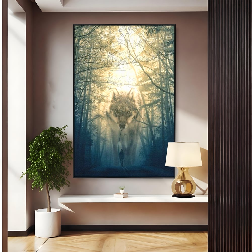 Leinwand Wandkunst Canvas Wall Art Premium, LuxCanva® M1460, Der Wolf in der Geschichte, Auto, Straße, Mann, Wolf, Riese, Alpha, Flut, Gezeiten, Ellenbogen, Wald, Allianz, Reise, Büro, Wohnen, Kinderzimmer
